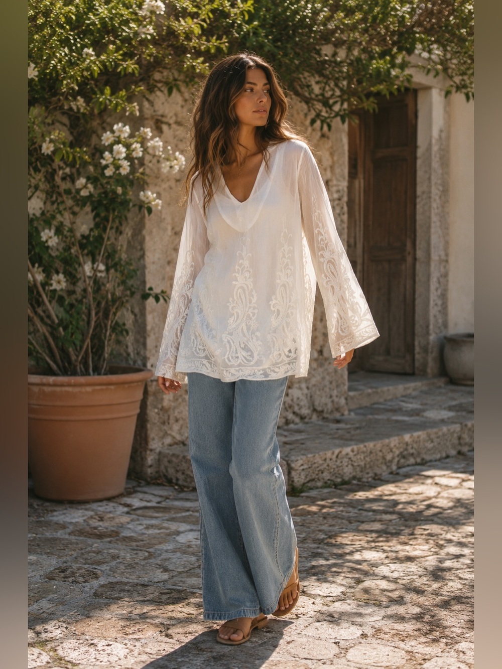 Forgotten Grace Ivory Sheer Embroidered Boho Tunic Top Medium - Picture 2 of 7